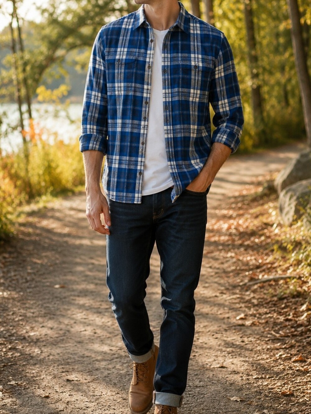 WindRiver Men’s 100% Cotton Blue Plaid Button Down Shirt Casual Outdoors Hiking